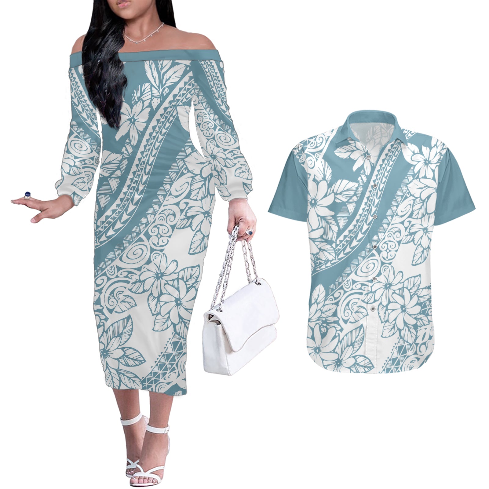 Polynesia Couples Matching Off The Shoulder Long Sleeve Dress and Hawaiian Shirt Polynesian Tropical Flowers Blue Pastel Vibes - Wonder Print Shop