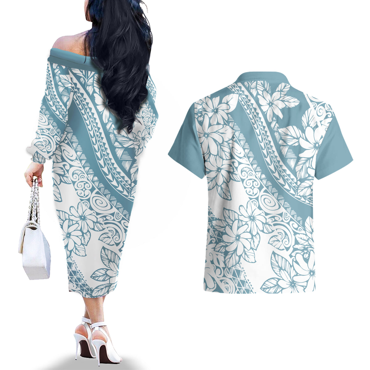 Polynesia Couples Matching Off The Shoulder Long Sleeve Dress and Hawaiian Shirt Polynesian Tropical Flowers Blue Pastel Vibes - Wonder Print Shop