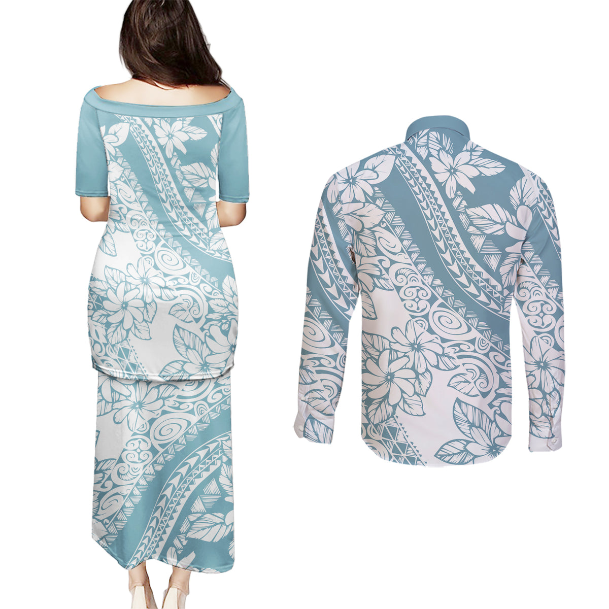 Polynesia Couples Matching Puletasi Dress and Long Sleeve Button Shirts Polynesian Tropical Flowers Blue Pastel Vibes - Wonder Print Shop