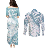 Polynesia Couples Matching Puletasi Dress and Long Sleeve Button Shirts Polynesian Tropical Flowers Blue Pastel Vibes - Wonder Print Shop