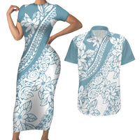 Polynesia Couples Matching Short Sleeve Bodycon Dress and Hawaiian Shirt Polynesian Tropical Flowers Blue Pastel Vibes - Wonder Print Shop
