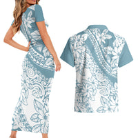 Polynesia Couples Matching Short Sleeve Bodycon Dress and Hawaiian Shirt Polynesian Tropical Flowers Blue Pastel Vibes - Wonder Print Shop