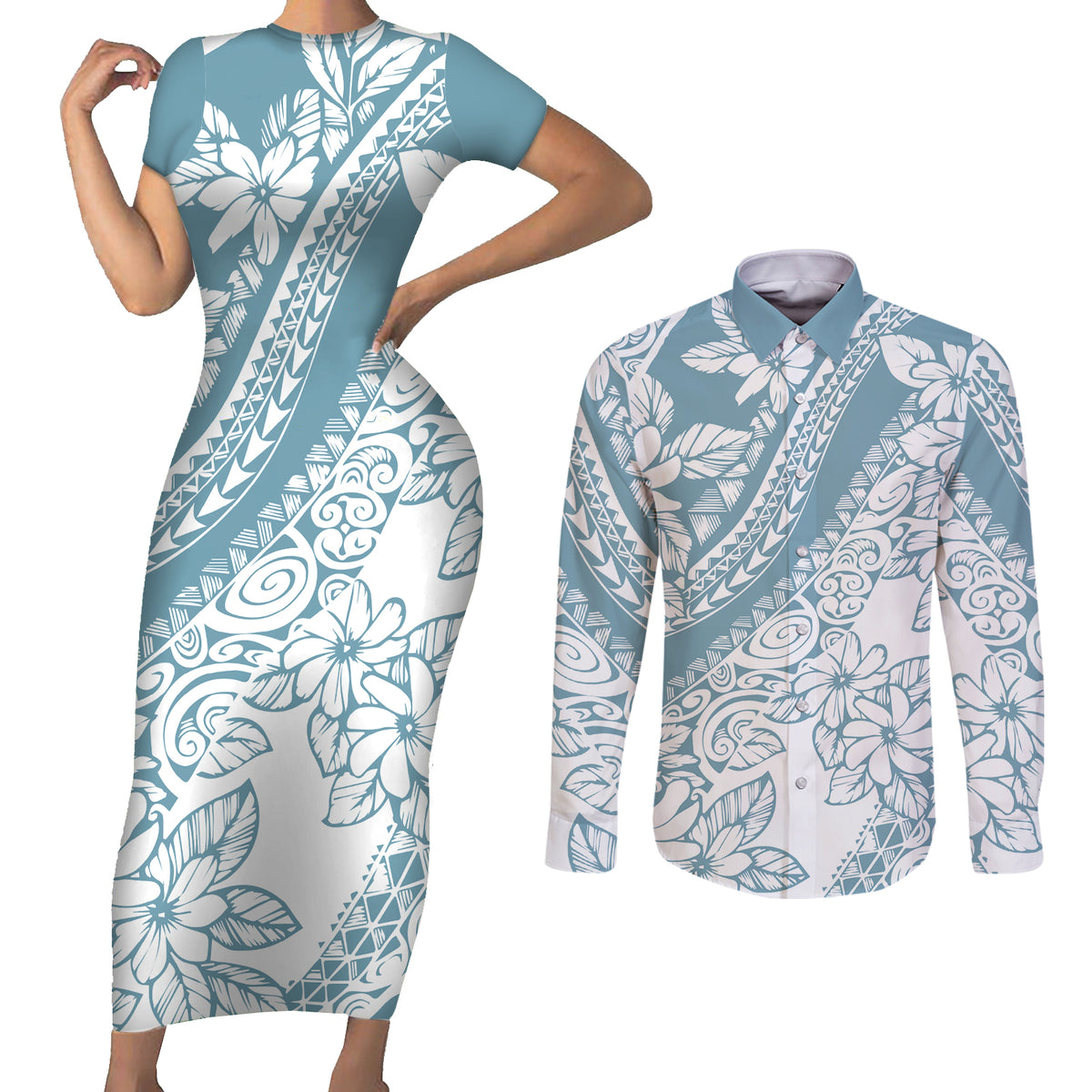 Polynesia Couples Matching Short Sleeve Bodycon Dress and Long Sleeve Button Shirts Polynesian Tropical Flowers Blue Pastel Vibes - Wonder Print Shop