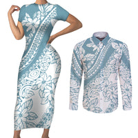 Polynesia Couples Matching Short Sleeve Bodycon Dress and Long Sleeve Button Shirts Polynesian Tropical Flowers Blue Pastel Vibes - Wonder Print Shop