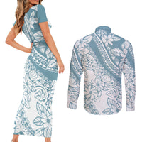 Polynesia Couples Matching Short Sleeve Bodycon Dress and Long Sleeve Button Shirts Polynesian Tropical Flowers Blue Pastel Vibes - Wonder Print Shop