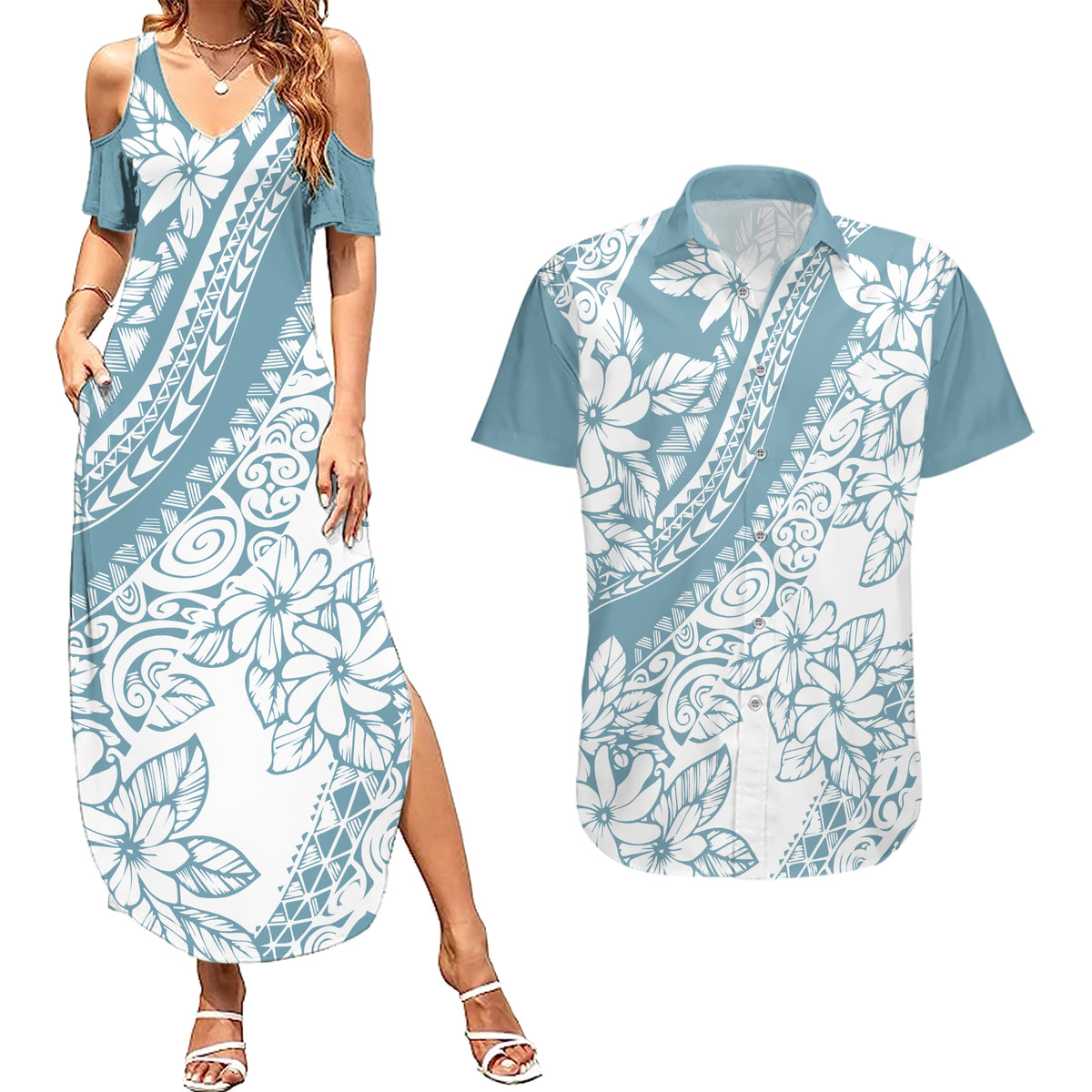Polynesia Couples Matching Summer Maxi Dress and Hawaiian Shirt Polynesian Tropical Flowers Blue Pastel Vibes - Wonder Print Shop