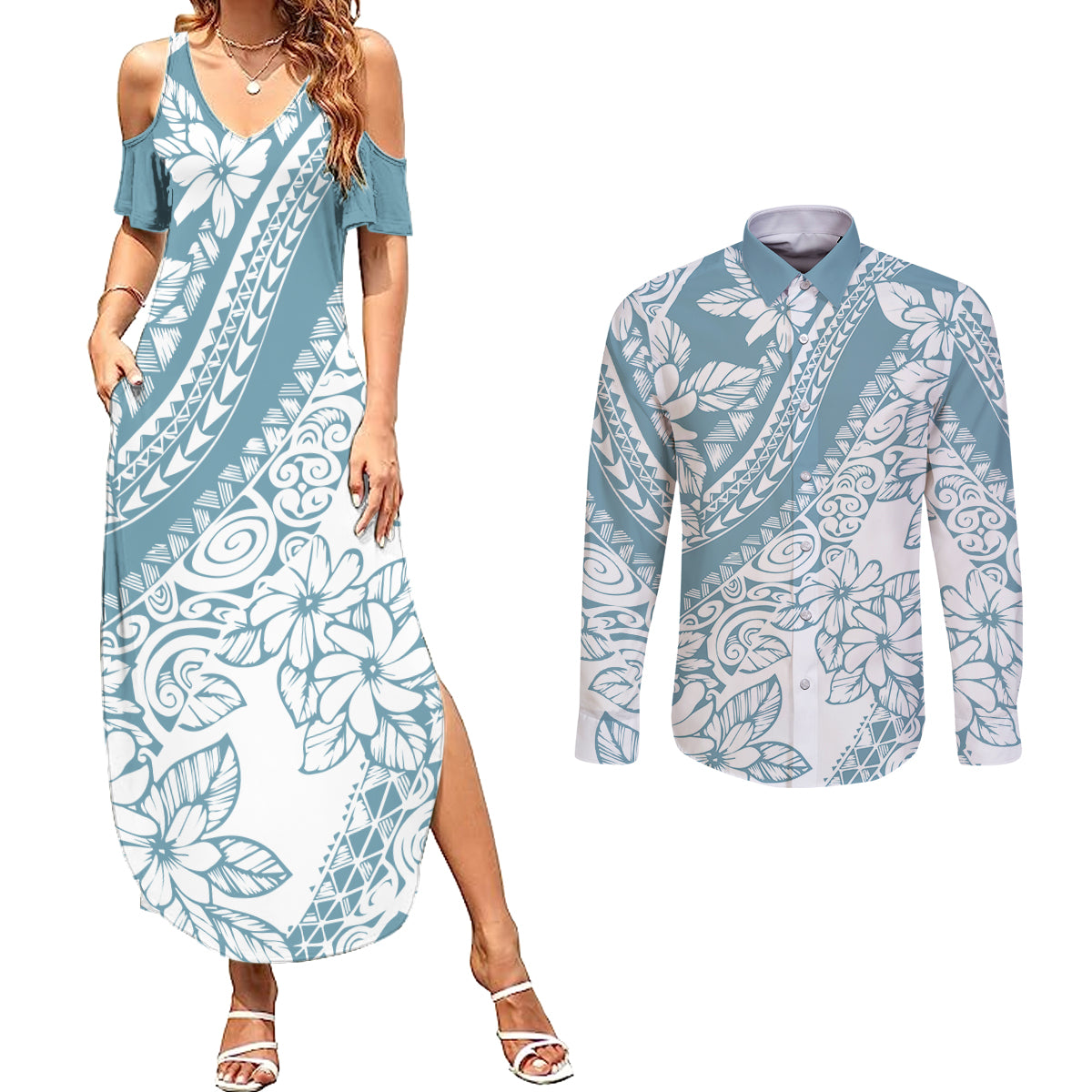 Polynesia Couples Matching Summer Maxi Dress and Long Sleeve Button Shirts Polynesian Tropical Flowers Blue Pastel Vibes - Wonder Print Shop