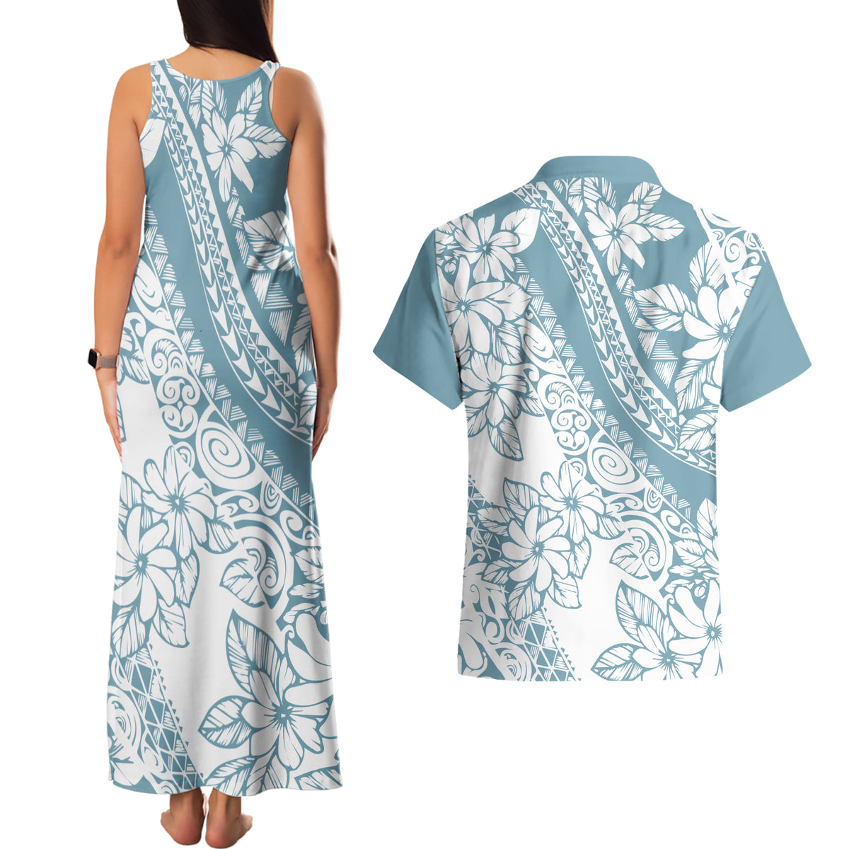 Polynesia Couples Matching Tank Maxi Dress and Hawaiian Shirt Polynesian Tropical Flowers Blue Pastel Vibes - Wonder Print Shop