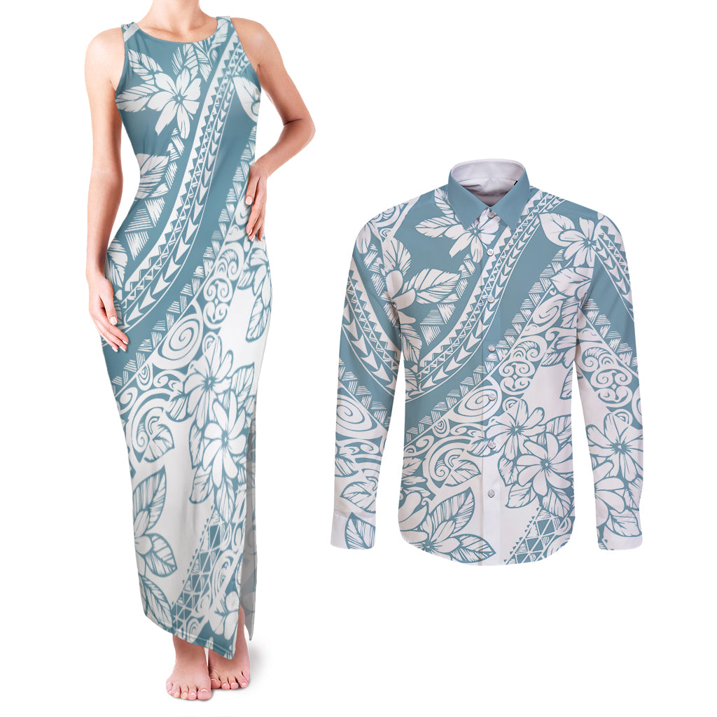 Polynesia Couples Matching Tank Maxi Dress and Long Sleeve Button Shirts Polynesian Tropical Flowers Blue Pastel Vibes - Wonder Print Shop