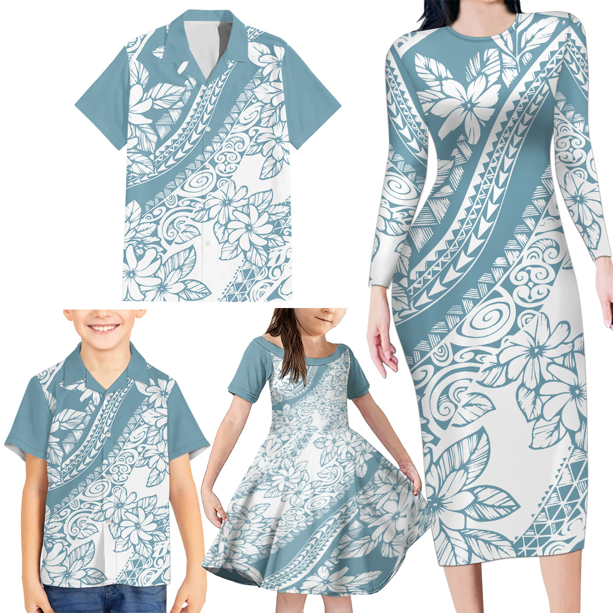 Polynesia Family Matching Long Sleeve Bodycon Dress and Hawaiian Shirt Polynesian Tropical Flowers Blue Pastel Vibes - Wonder Print Shop