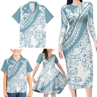 Polynesia Family Matching Long Sleeve Bodycon Dress and Hawaiian Shirt Polynesian Tropical Flowers Blue Pastel Vibes - Wonder Print Shop