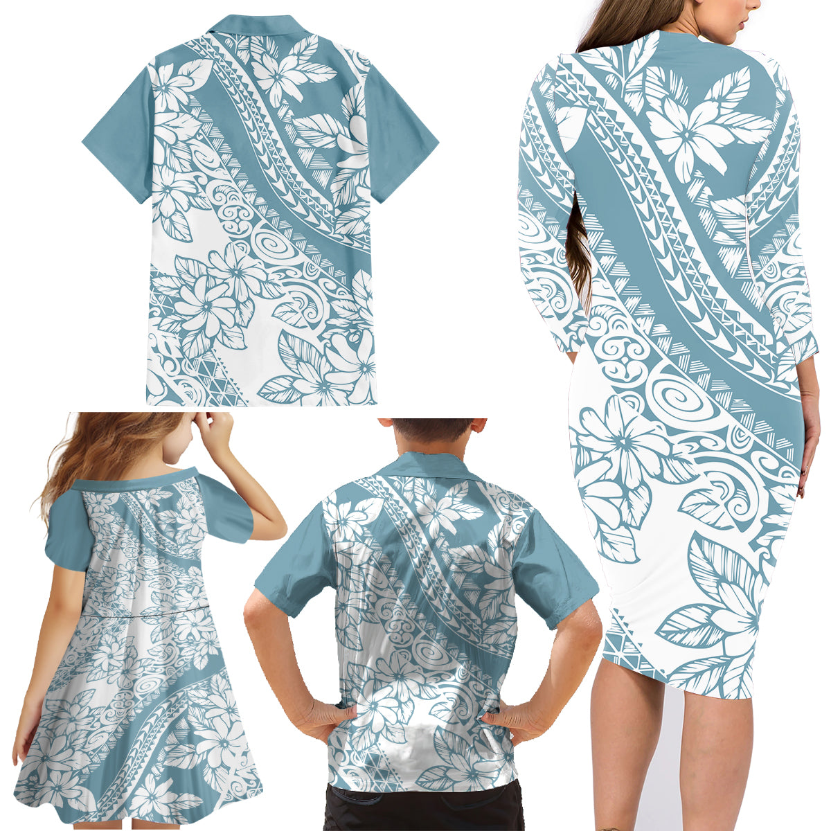 Polynesia Family Matching Long Sleeve Bodycon Dress and Hawaiian Shirt Polynesian Tropical Flowers Blue Pastel Vibes - Wonder Print Shop