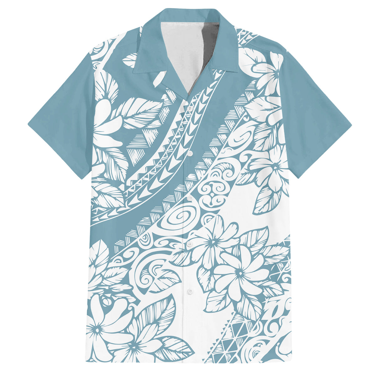 Polynesia Family Matching Long Sleeve Bodycon Dress and Hawaiian Shirt Polynesian Tropical Flowers Blue Pastel Vibes - Wonder Print Shop