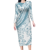 Polynesia Family Matching Long Sleeve Bodycon Dress and Hawaiian Shirt Polynesian Tropical Flowers Blue Pastel Vibes - Wonder Print Shop