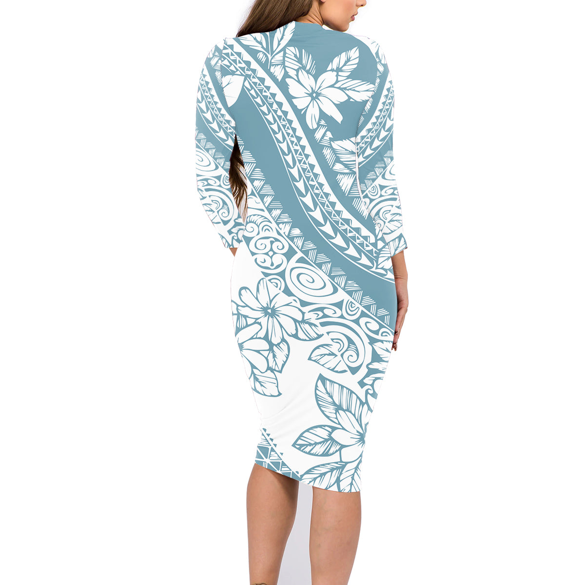 Polynesia Family Matching Long Sleeve Bodycon Dress and Hawaiian Shirt Polynesian Tropical Flowers Blue Pastel Vibes - Wonder Print Shop