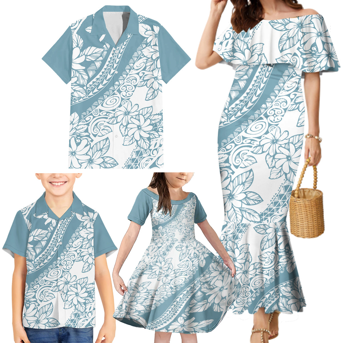 Polynesia Family Matching Mermaid Dress and Hawaiian Shirt Polynesian Tropical Flowers Blue Pastel Vibes - Wonder Print Shop