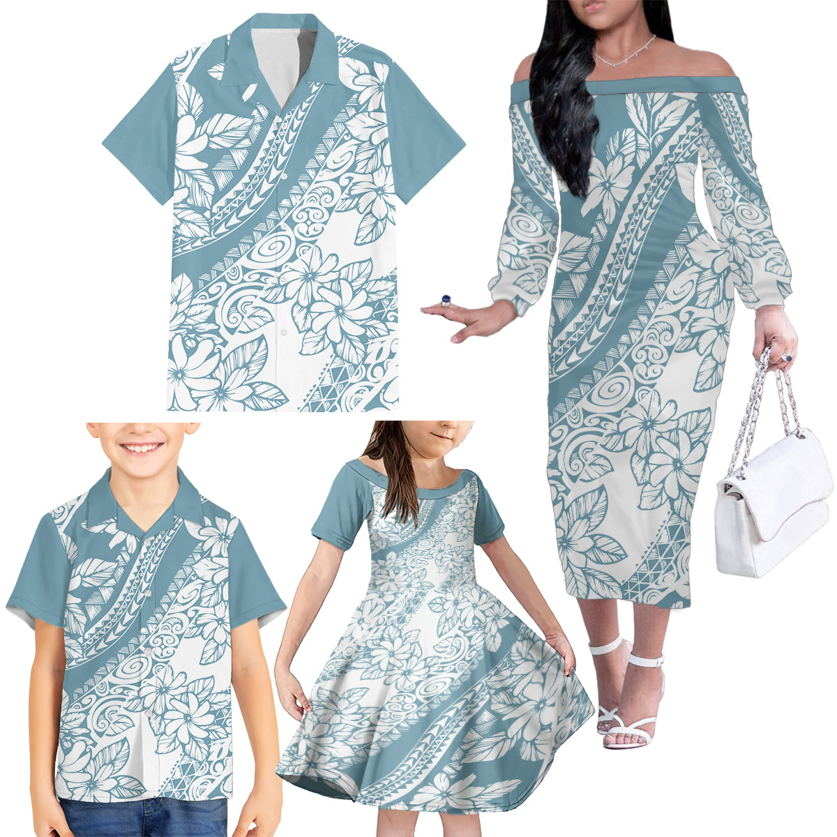Polynesia Family Matching Off Shoulder Long Sleeve Dress and Hawaiian Shirt Polynesian Tropical Flowers Blue Pastel Vibes - Wonder Print Shop