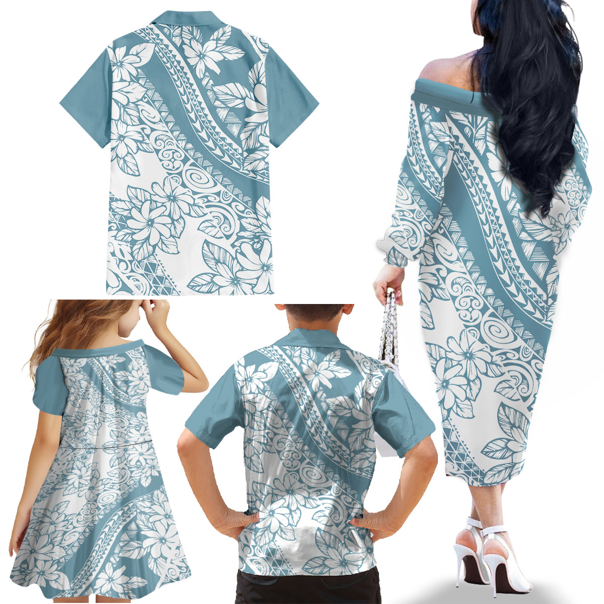 Polynesia Family Matching Off Shoulder Long Sleeve Dress and Hawaiian Shirt Polynesian Tropical Flowers Blue Pastel Vibes - Wonder Print Shop