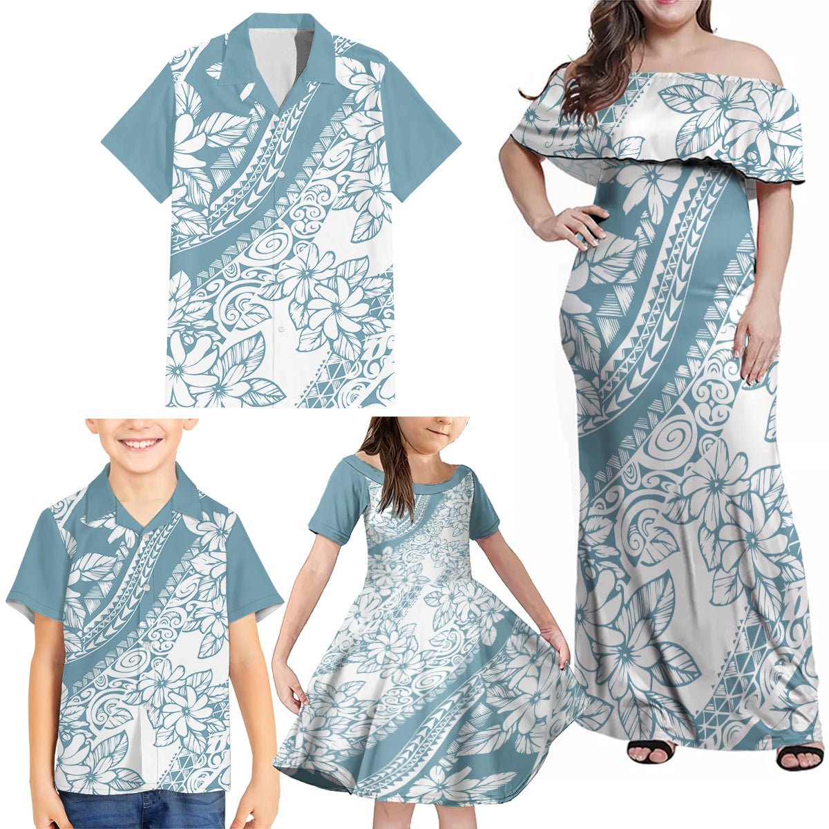 Polynesia Family Matching Off Shoulder Maxi Dress and Hawaiian Shirt Polynesian Tropical Flowers Blue Pastel Vibes - Wonder Print Shop