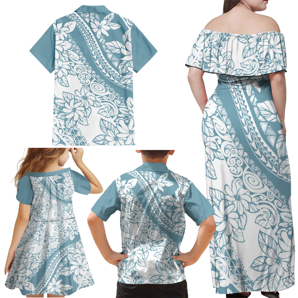 Polynesia Family Matching Off Shoulder Maxi Dress and Hawaiian Shirt Polynesian Tropical Flowers Blue Pastel Vibes - Wonder Print Shop