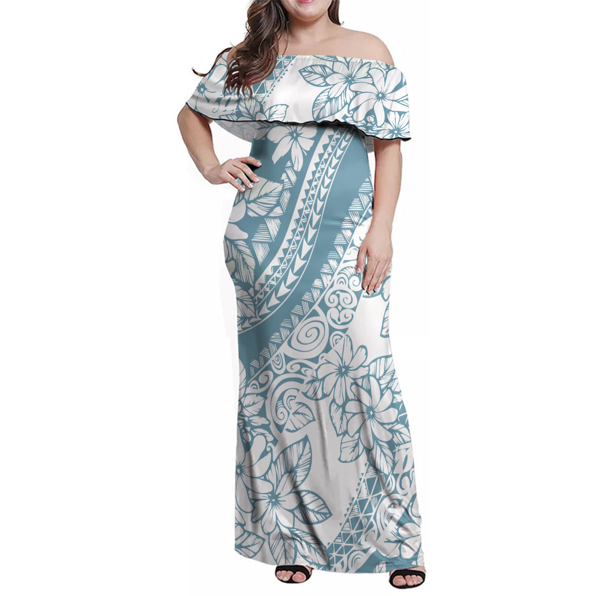 Polynesia Family Matching Off Shoulder Maxi Dress and Hawaiian Shirt Polynesian Tropical Flowers Blue Pastel Vibes - Wonder Print Shop