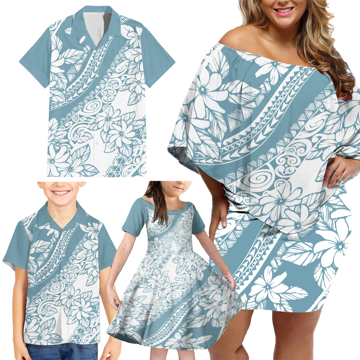 polynesia-family-matching-off-shoulder-short-dress-and-hawaiian-shirt-polynesian-tropical-flowers-blue-pastel-vibes