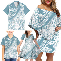 Polynesia Family Matching Off Shoulder Short Dress and Hawaiian Shirt Polynesian Tropical Flowers Blue Pastel Vibes - Wonder Print Shop