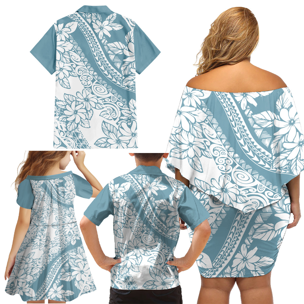 Polynesia Family Matching Off Shoulder Short Dress and Hawaiian Shirt Polynesian Tropical Flowers Blue Pastel Vibes - Wonder Print Shop