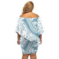 Polynesia Family Matching Off Shoulder Short Dress and Hawaiian Shirt Polynesian Tropical Flowers Blue Pastel Vibes - Wonder Print Shop