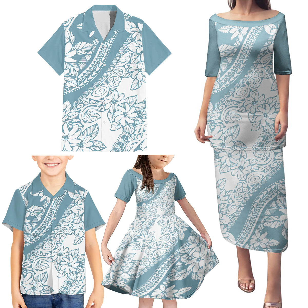 Polynesia Family Matching Puletasi Dress and Hawaiian Shirt Polynesian Tropical Flowers Blue Pastel Vibes - Wonder Print Shop