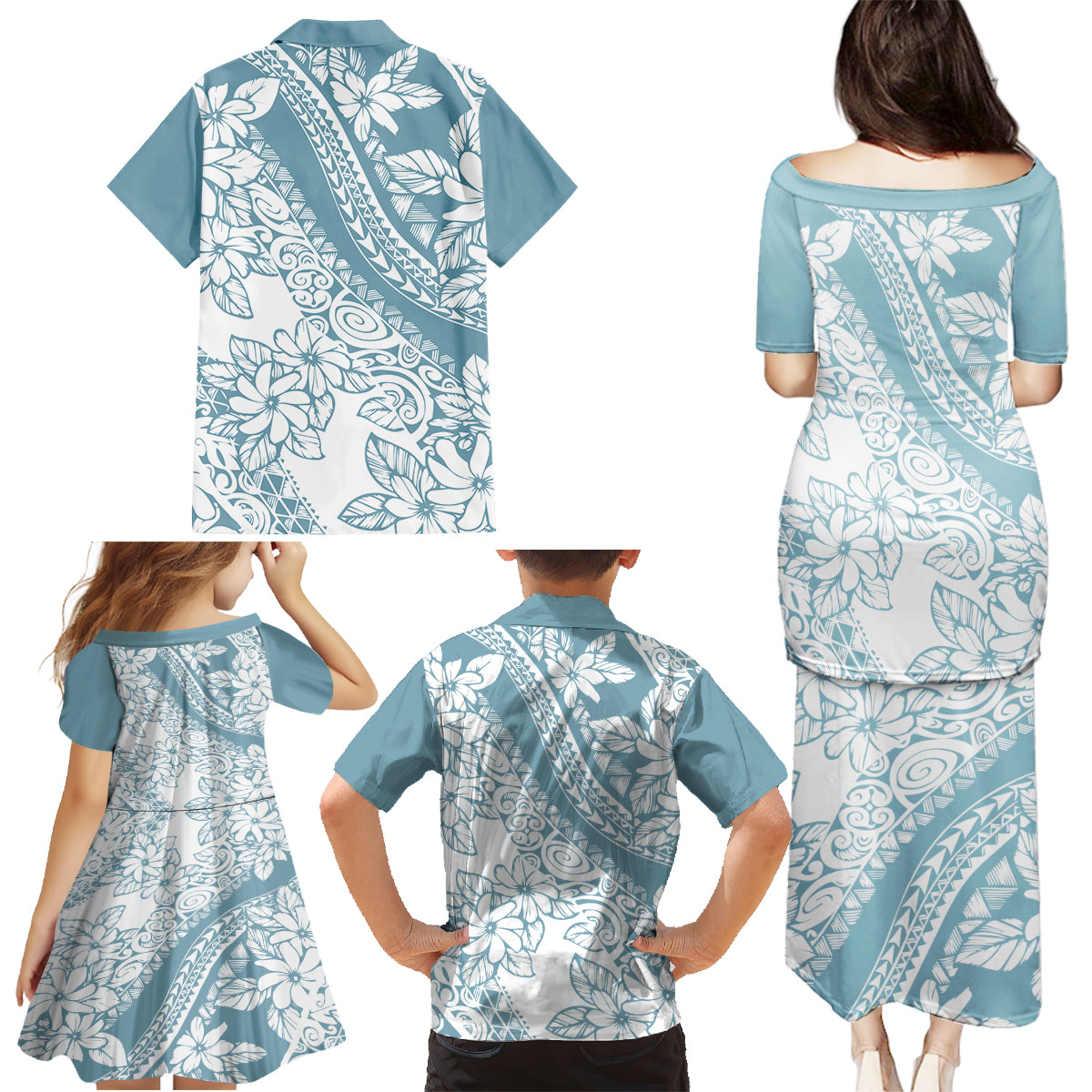 Polynesia Family Matching Puletasi Dress and Hawaiian Shirt Polynesian Tropical Flowers Blue Pastel Vibes - Wonder Print Shop