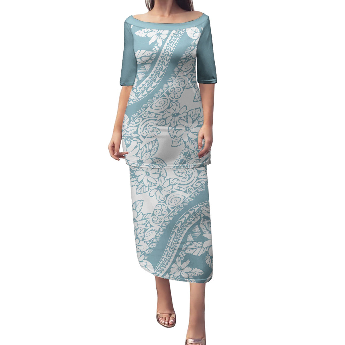 Polynesia Family Matching Puletasi Dress and Hawaiian Shirt Polynesian Tropical Flowers Blue Pastel Vibes - Wonder Print Shop