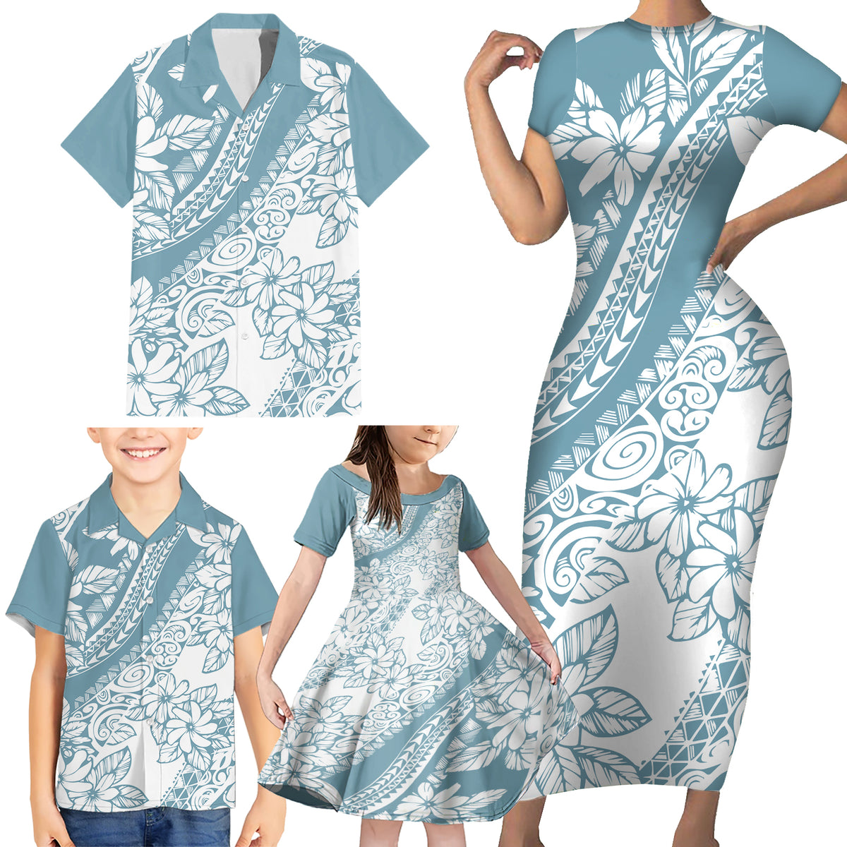 Polynesia Family Matching Short Sleeve Bodycon Dress and Hawaiian Shirt Polynesian Tropical Flowers Blue Pastel Vibes - Wonder Print Shop