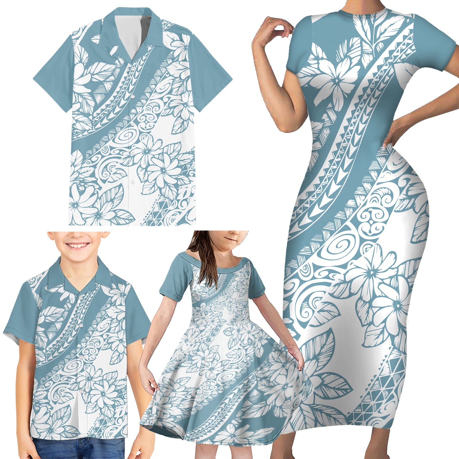 Polynesia Family Matching Short Sleeve Bodycon Dress and Hawaiian Shirt Polynesian Tropical Flowers Blue Pastel Vibes - Wonder Print Shop