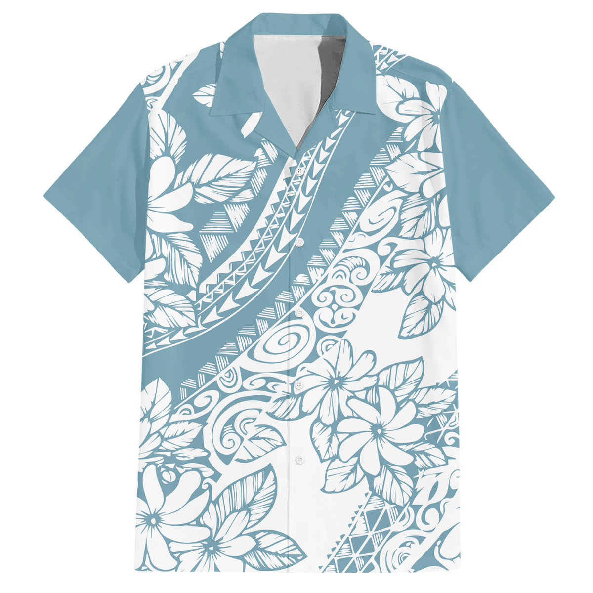 Polynesia Family Matching Short Sleeve Bodycon Dress and Hawaiian Shirt Polynesian Tropical Flowers Blue Pastel Vibes - Wonder Print Shop