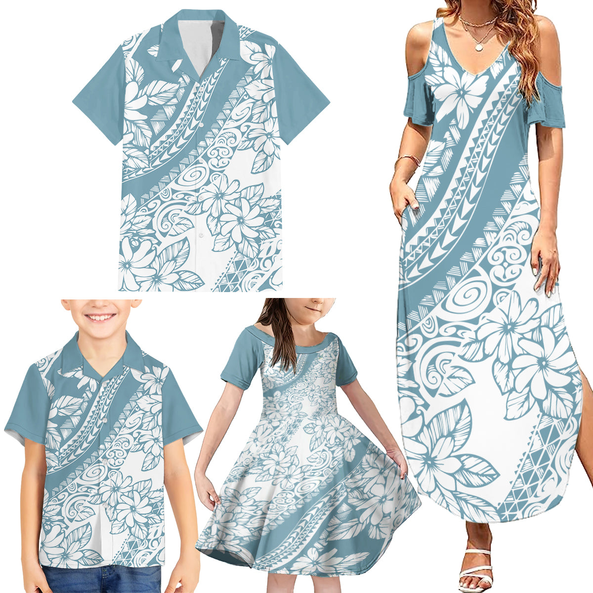 Polynesia Family Matching Summer Maxi Dress and Hawaiian Shirt Polynesian Tropical Flowers Blue Pastel Vibes - Wonder Print Shop