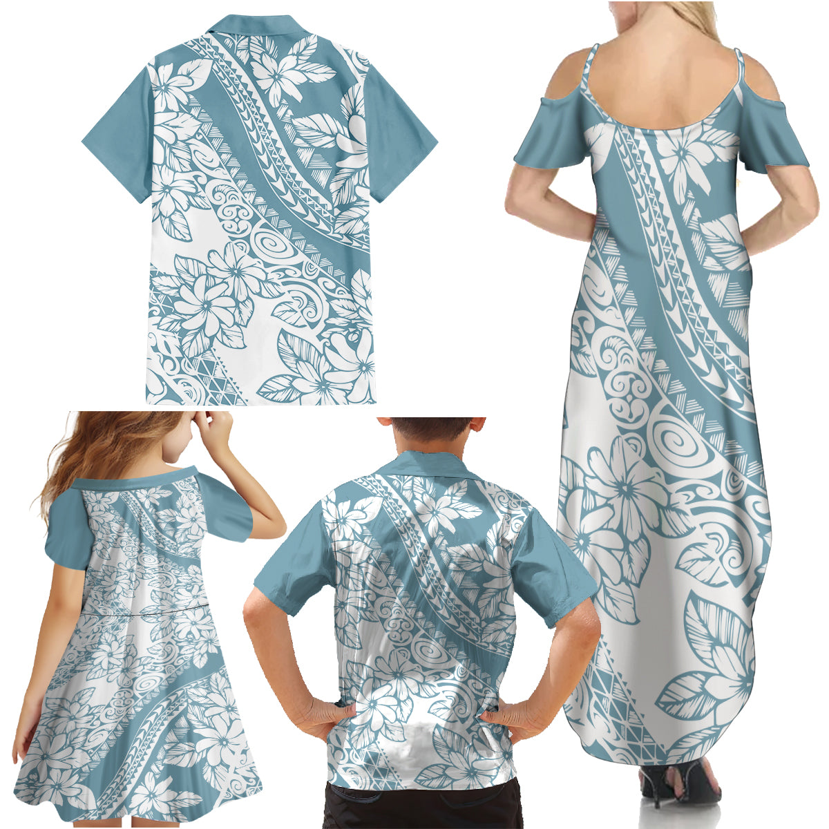 Polynesia Family Matching Summer Maxi Dress and Hawaiian Shirt Polynesian Tropical Flowers Blue Pastel Vibes - Wonder Print Shop
