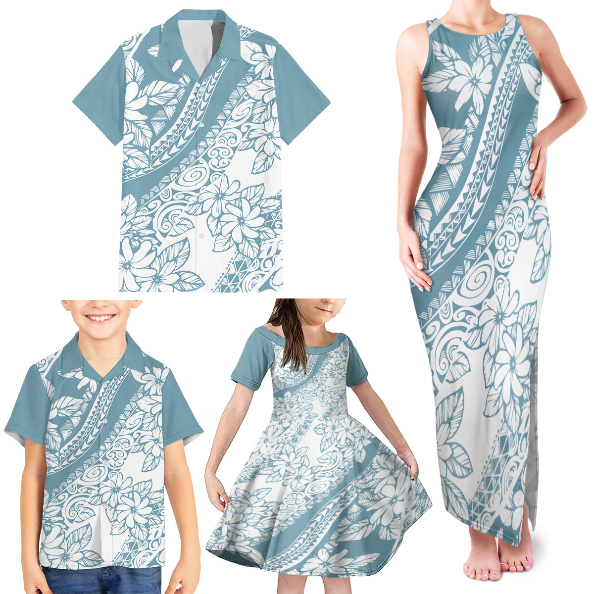 Polynesia Family Matching Tank Maxi Dress and Hawaiian Shirt Polynesian Tropical Flowers Blue Pastel Vibes - Wonder Print Shop
