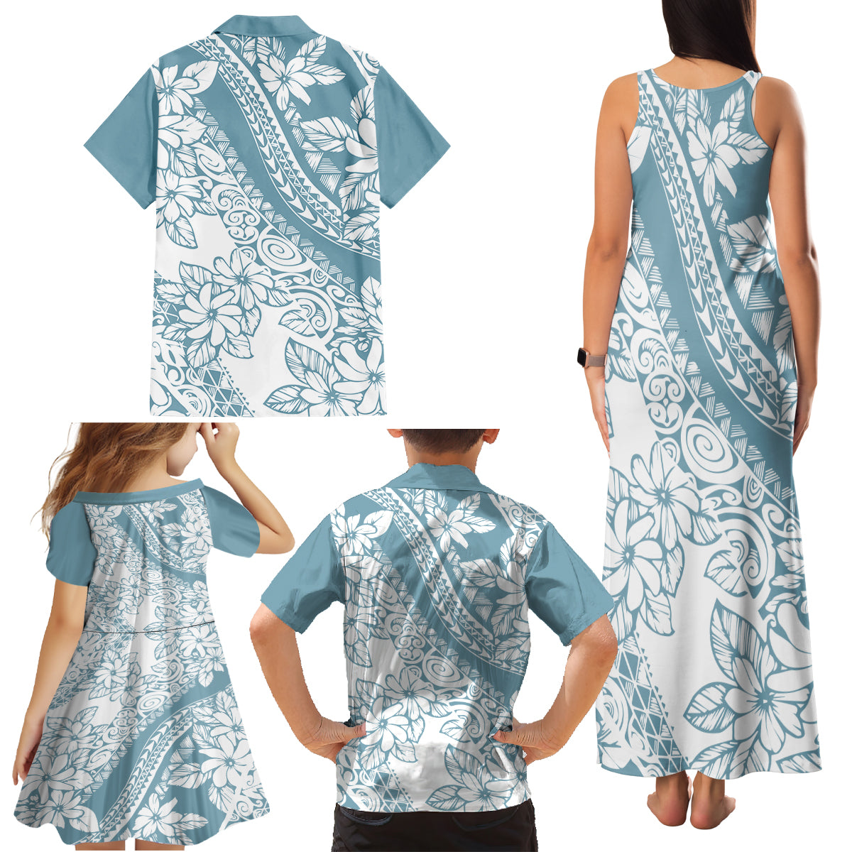 Polynesia Family Matching Tank Maxi Dress and Hawaiian Shirt Polynesian Tropical Flowers Blue Pastel Vibes - Wonder Print Shop