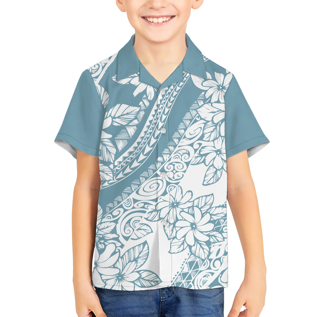 Polynesia Kid Hawaiian Shirt Polynesian Tropical Flowers Blue Pastel Vibes - Wonder Print Shop