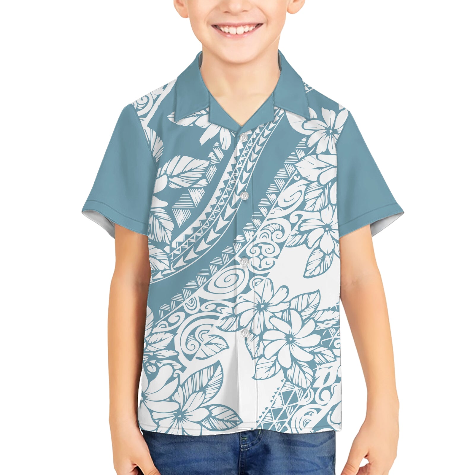 Polynesia Kid Hawaiian Shirt Polynesian Tropical Flowers Blue Pastel Vibes - Wonder Print Shop
