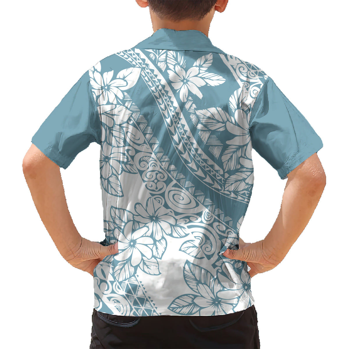 Polynesia Kid Hawaiian Shirt Polynesian Tropical Flowers Blue Pastel Vibes - Wonder Print Shop