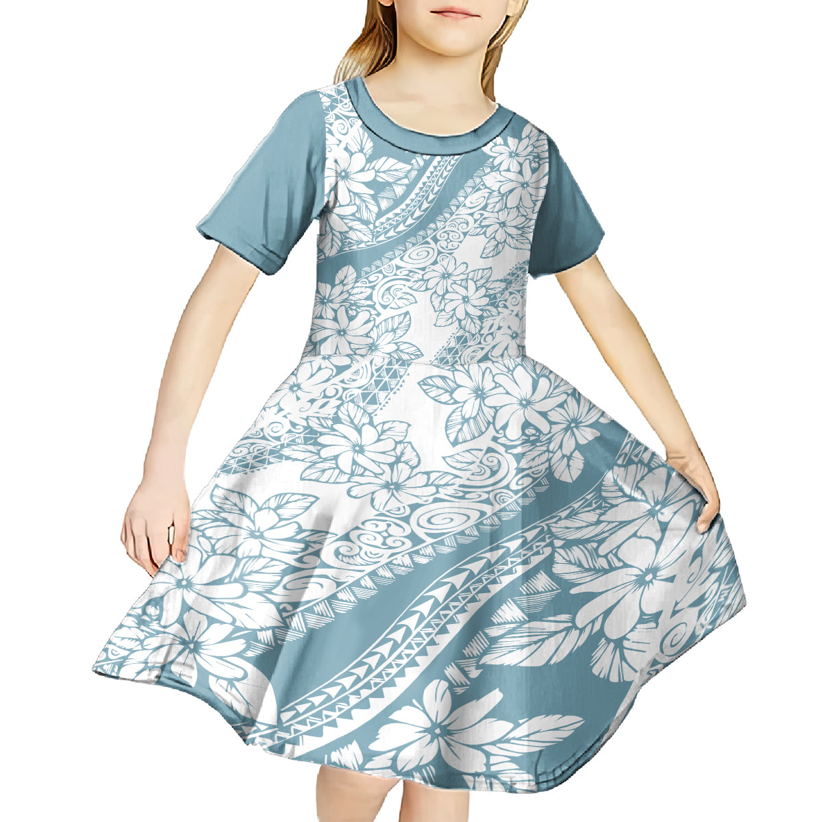 Polynesia Kid Short Sleeve Dress Polynesian Tropical Flowers Blue Pastel Vibes - Wonder Print Shop