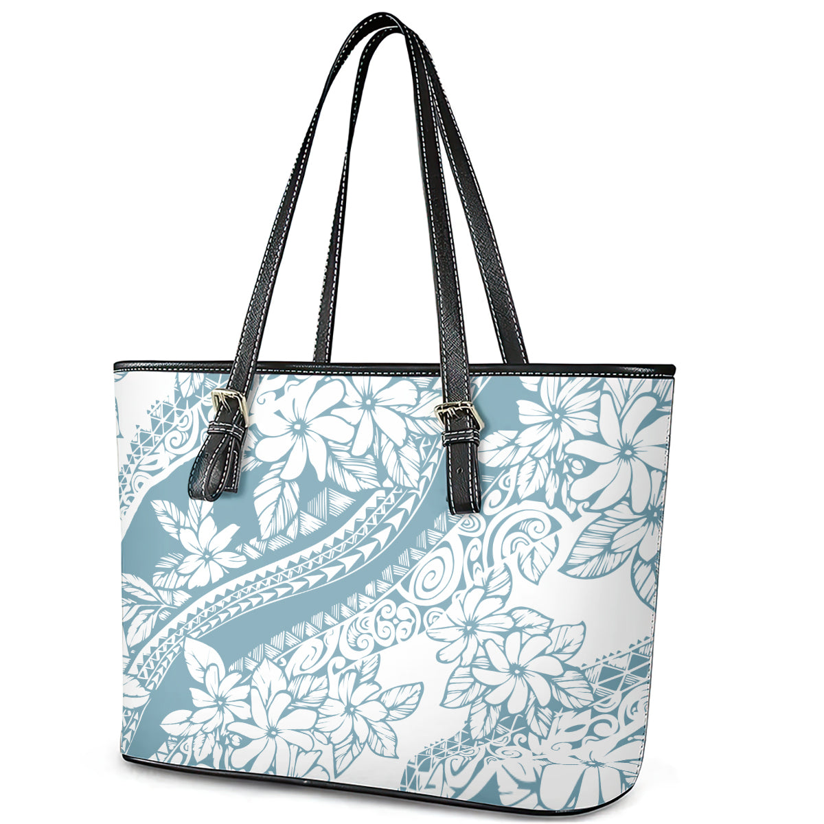 Polynesia Leather Tote Bag Polynesian Tropical Flowers Blue Pastel Vibes - Wonder Print Shop