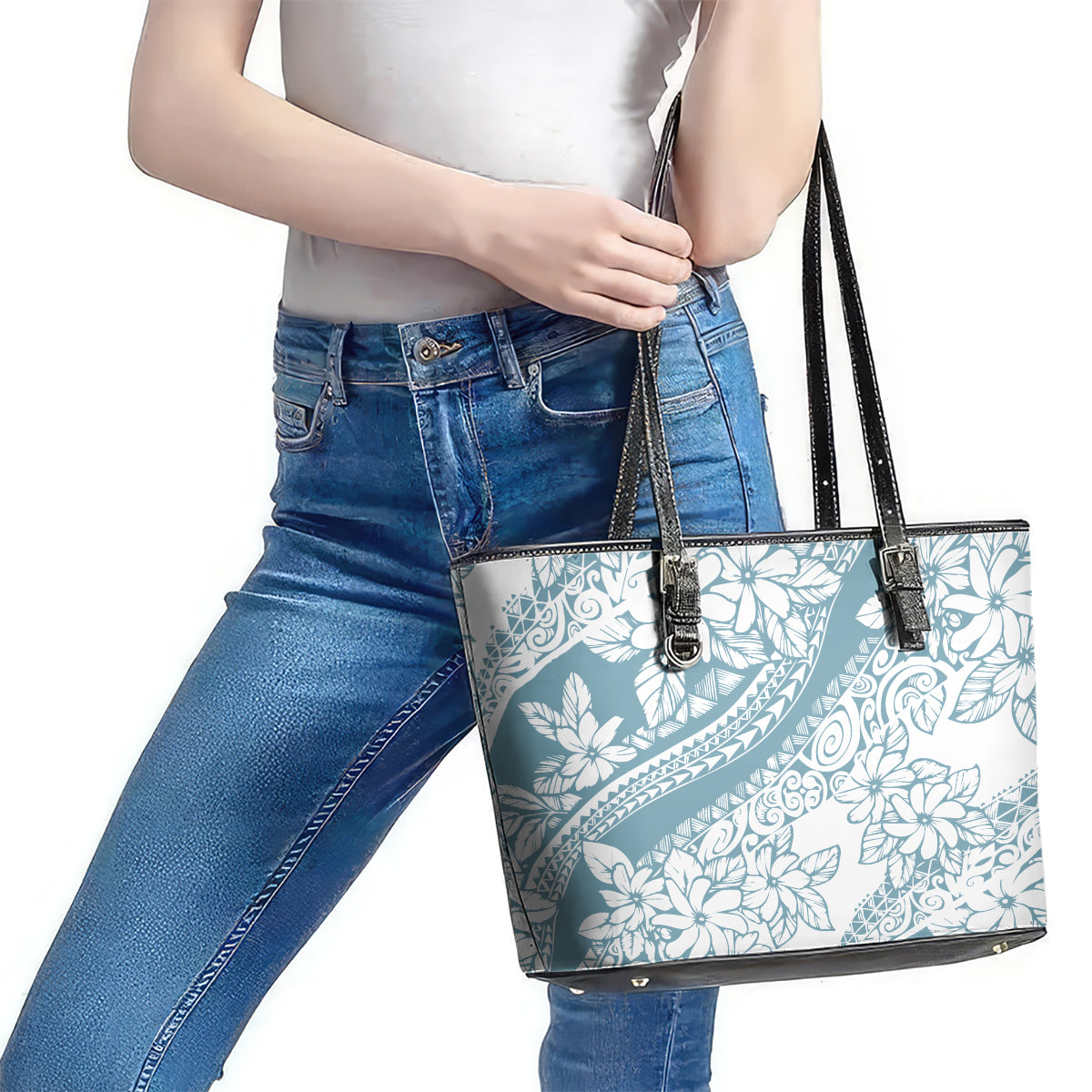 Polynesia Leather Tote Bag Polynesian Tropical Flowers Blue Pastel Vibes - Wonder Print Shop