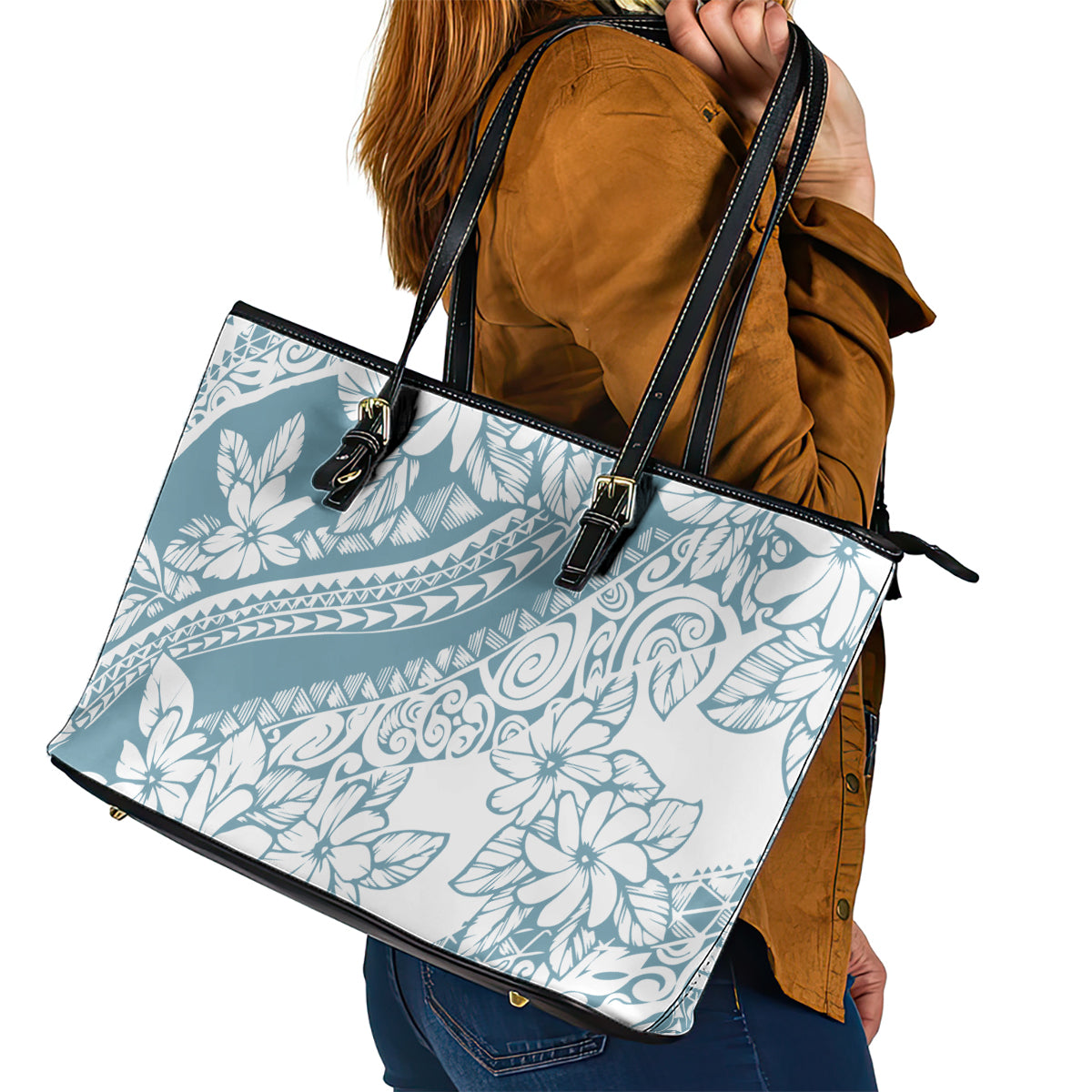 Polynesia Leather Tote Bag Polynesian Tropical Flowers Blue Pastel Vibes - Wonder Print Shop