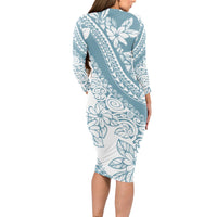 Polynesia Long Sleeve Bodycon Dress Polynesian Tropical Flowers Blue Pastel Vibes - Wonder Print Shop