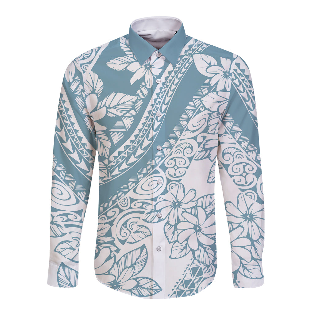 Polynesia Long Sleeve Button Shirt Polynesian Tropical Flowers Blue Pastel Vibes - Wonder Print Shop