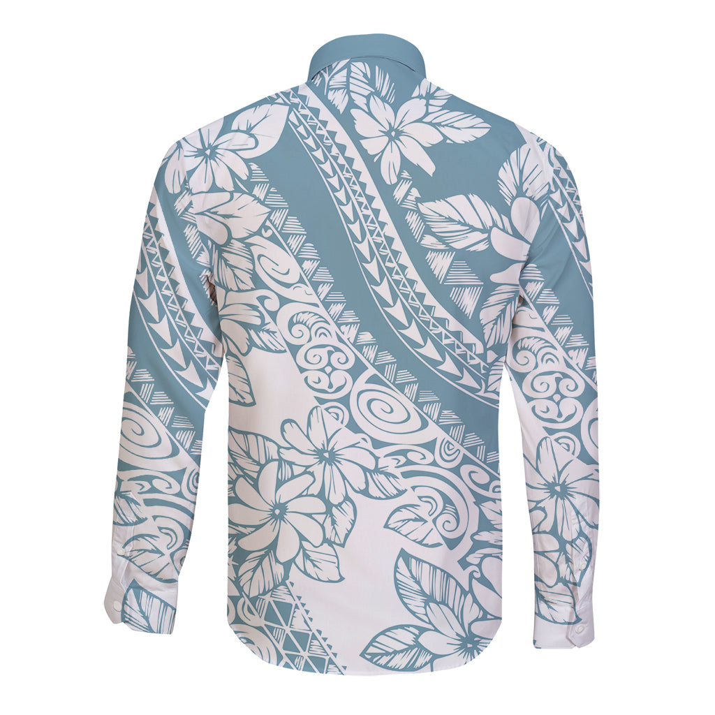 Polynesia Long Sleeve Button Shirt Polynesian Tropical Flowers Blue Pastel Vibes - Wonder Print Shop