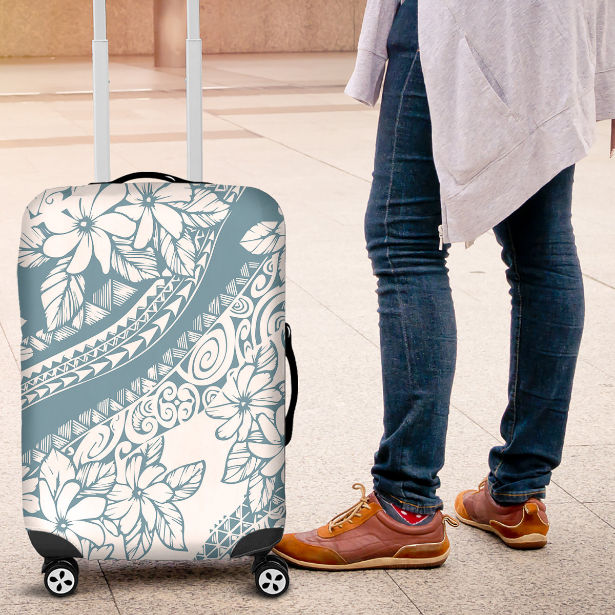 Polynesia Luggage Cover Polynesian Tropical Flowers Blue Pastel Vibes - Wonder Print Shop